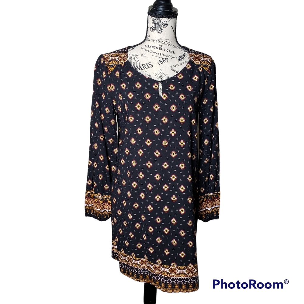 Hippie Rose Black, Gold, Burgundy and White Boho Print Dress Size L